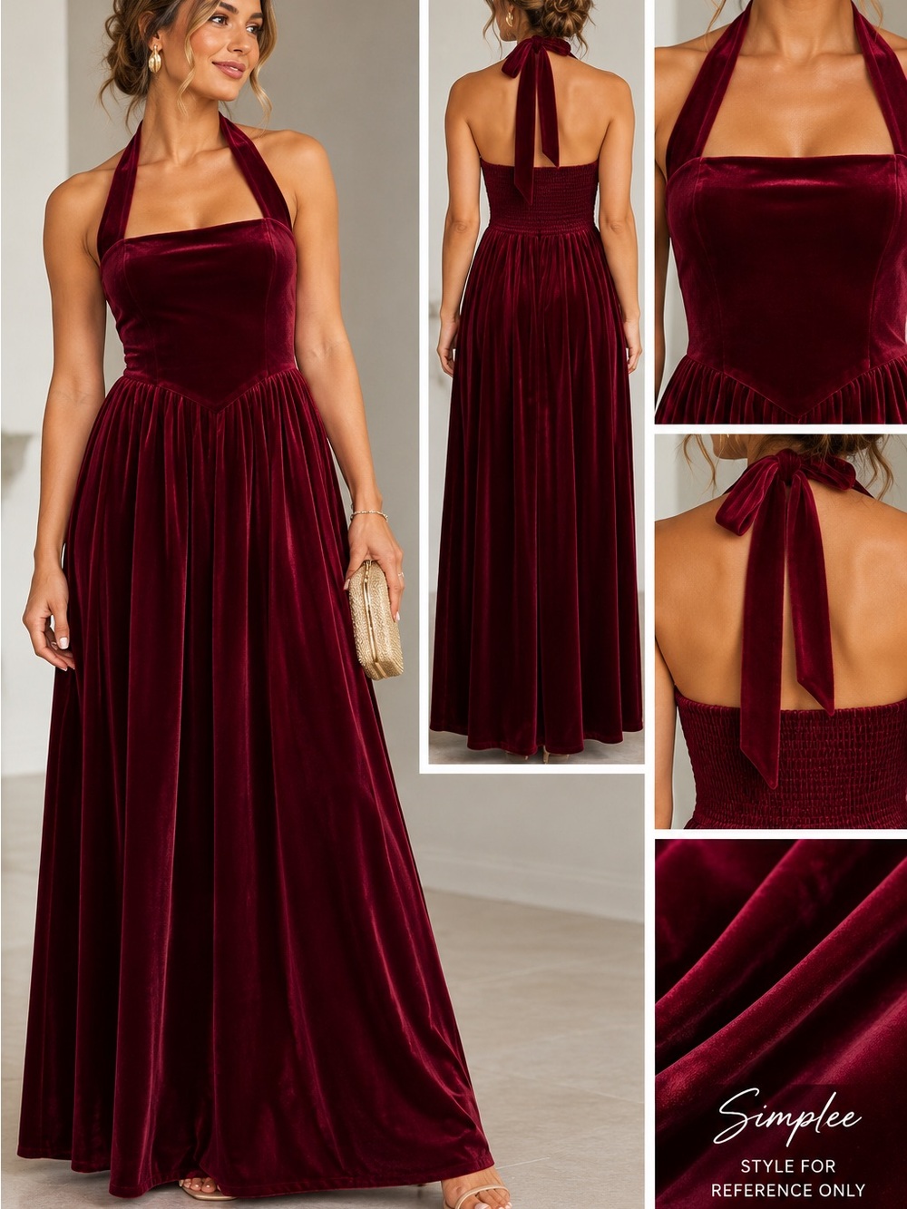 Simplee NWT Burgundy Velvet Halter Maxi Dress Smocked Back Size S